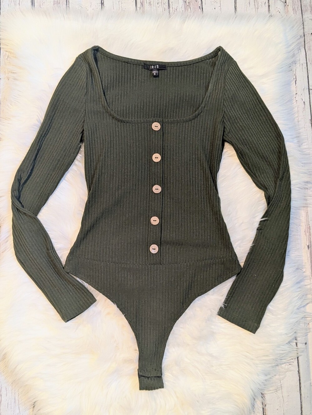 iris Olive Ribbed Long-Sleeve Button-Front Bodysuit